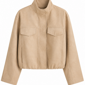 Beige Cropped Jacket with Stand Collar