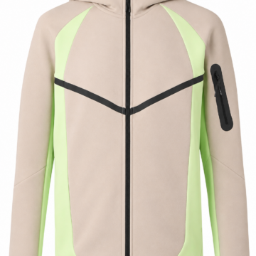 Beige & Neon Green Color-Block Zip Hooded Jacket