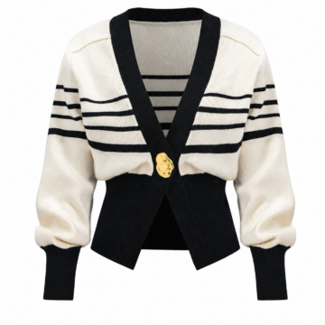 Cream Striped Cropped Cardigan with Black Trim