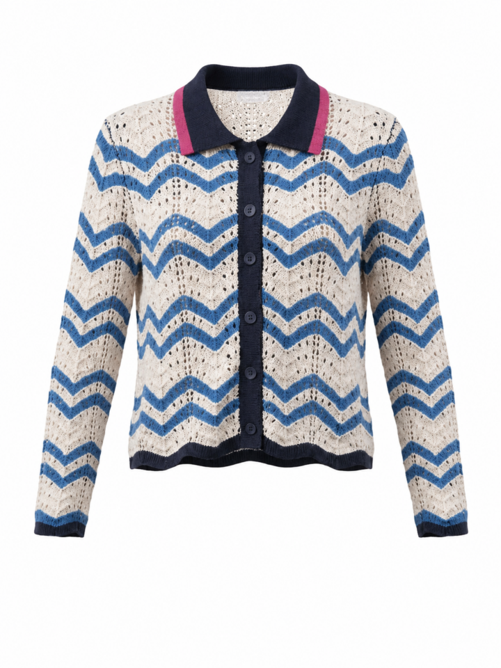 Cream and Blue Chevron Knit Cardigan