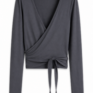 Dark Grey Long-Sleeve Wrap Top with Side Tie