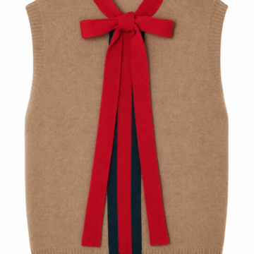Camel Knit Sweater Vest with Red Bow and Stripe
