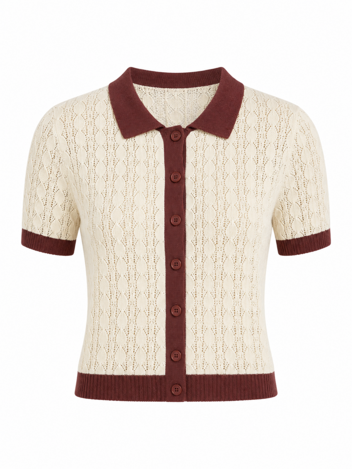 Cream Pointelle Knit Polo Shirt