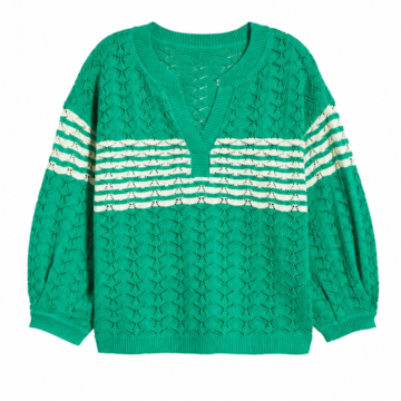 Green Openwork Pointelle V-Neck Sweater