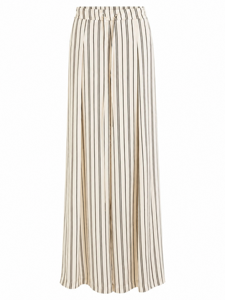 Cream Pinstripe Wide-Leg Pants with Elastic Waist