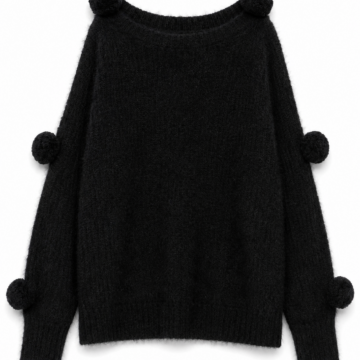 Black Pom-Pom Boat Neck Knit Sweater