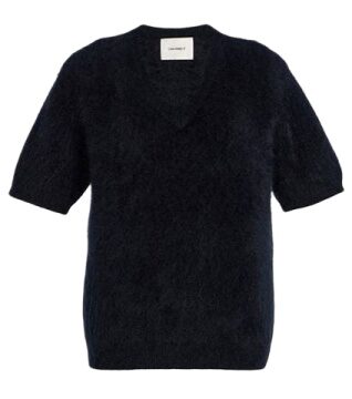 Navy Fuzzy Knit V-Neck Short Sleeve Sweater