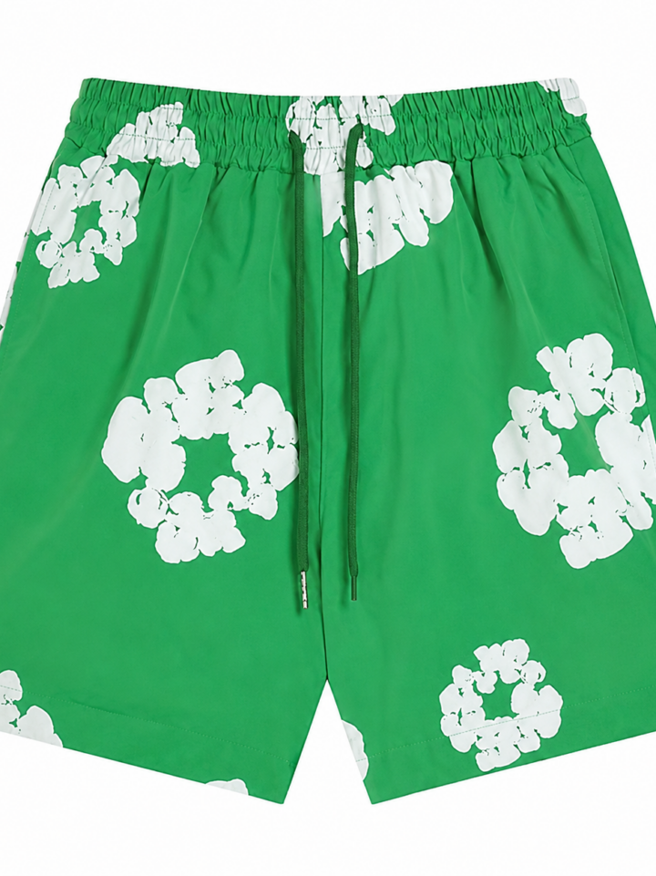 Green Floral Print Drawstring Shorts with Elastic Waist