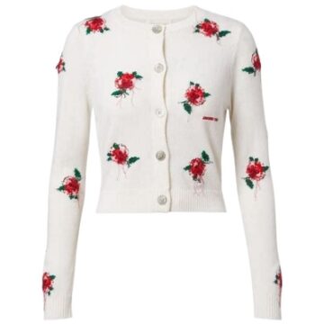 Cream Floral Cropped Cardigan with Red Roses