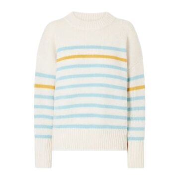 Cream Striped Crewneck Sweater with Dropped Shoulders